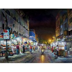 Hanif Shahzad, Commercial Area, Tariq Road - Karachi, 21 x 28 Inch, Oil on Canvas,  Landscape Painting, AC-HNS-118